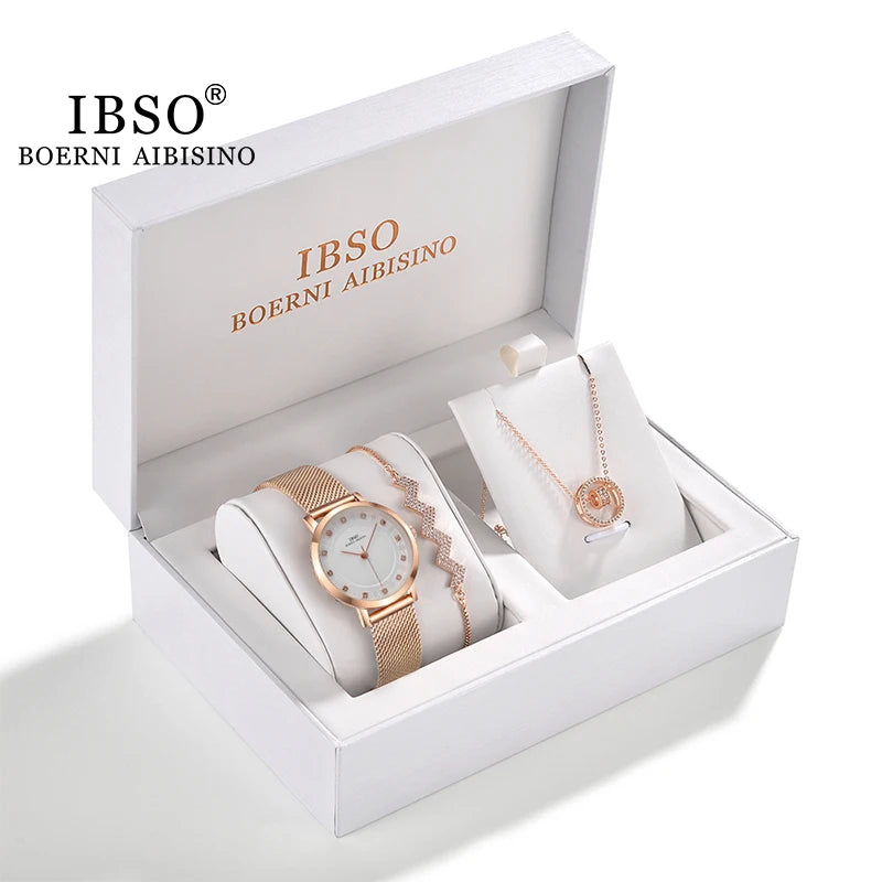 IBSO Women Watch Gift Set Crystal Design Bracelet Necklace Watch Sets Female Jewelry Set Fashion Silver Set Watch Lady's Gift