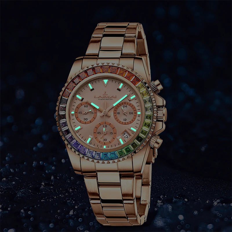 IBSO Luxury Top Brand Men/Women's Luminous Wristwatches Rainbow Diamonds Dial 30 Meters Water Resistant Women Quartz Watch Gifts