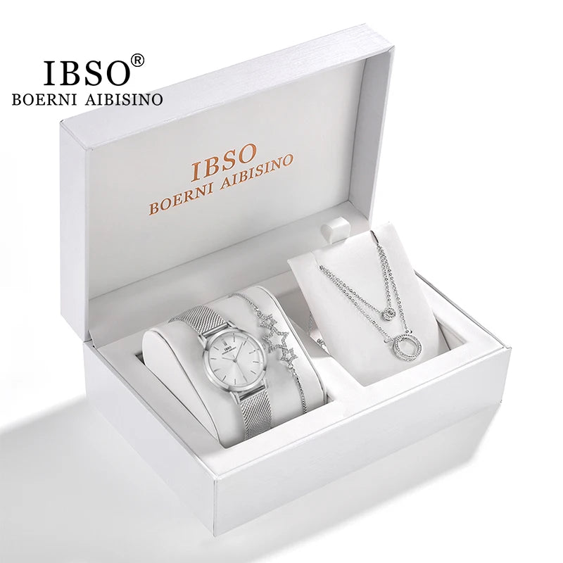 IBSO Women Watch Gift Set Crystal Design Bracelet Necklace Watch Sets Female Jewelry Set Fashion Silver Set Watch Lady's Gift
