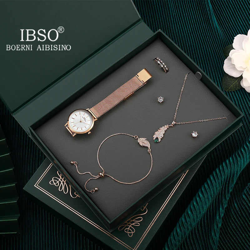IBSO The Book Of Wishes Watch Set Gift For Women Rose Gold Elegant Jewelry Retro Design New Embossed Printing Japanese Movement