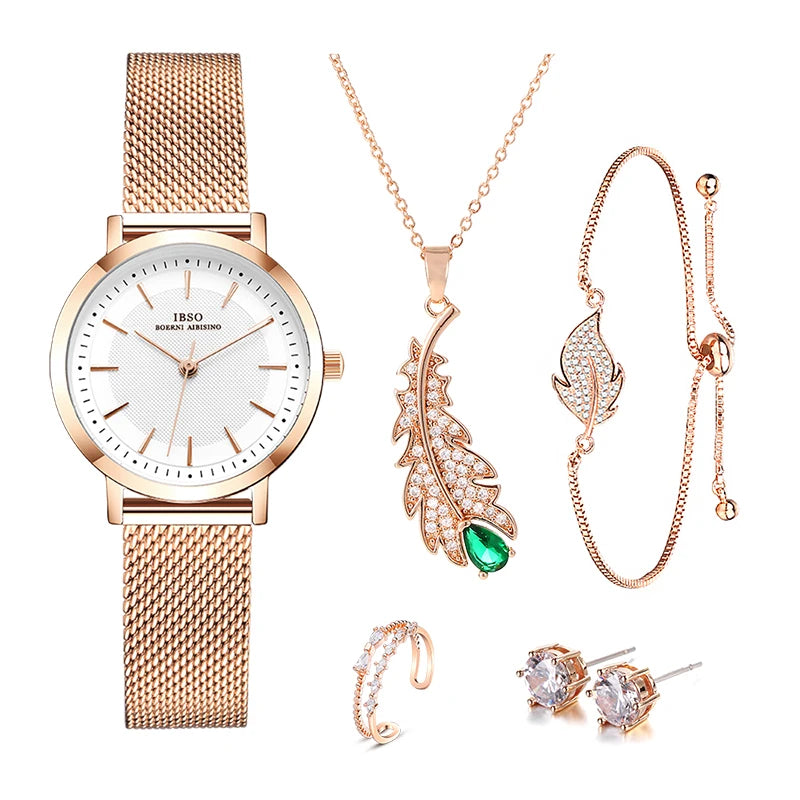 IBSO The Book Of Wishes Watch Set Gift For Women Rose Gold Elegant Jewelry Retro Design New Embossed Printing Japanese Movement