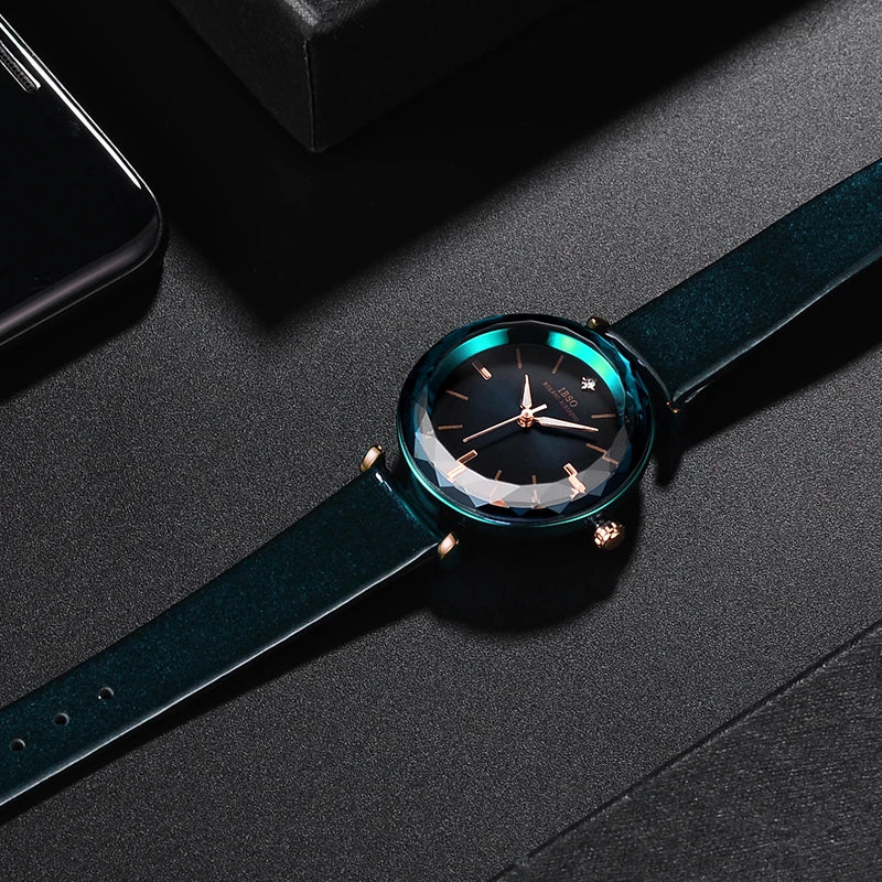 Luxury Women's Watches Elegant Green Glass Regular Slices Design Stainless Steel And Leather Strap Wrist Women Watch For Gifts