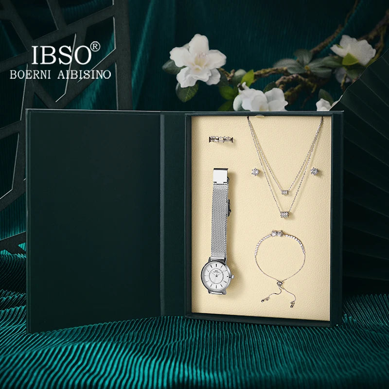 IBSO Silver Retro Watch Set Gift For Women Brand New United Copper Jewelry Japanese Movement Water Resistant Watch Ladies 2021