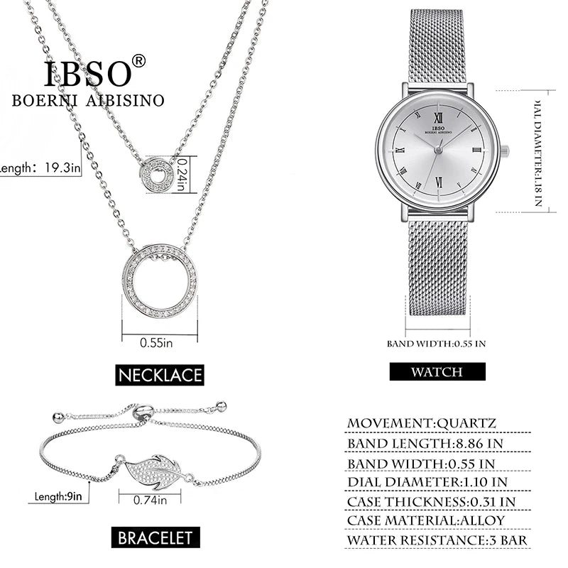 IBSO Women Watch Gift Set Crystal Design Bracelet Necklace Watch Sets Female Jewelry Set Fashion Silver Set Watch Lady's Gift