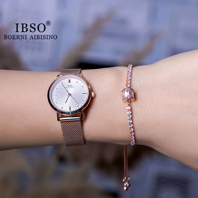 IBSO Japan Quartz Movement Elegant Style Women's WristWatched Ladies Stainless Steel Mesh Rose Gold Waterproof Watches For Women