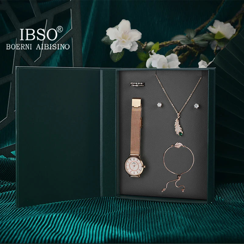 IBSO The Book Of Wishes Watch Set Gift For Women Rose Gold Elegant Jewelry Retro Design New Embossed Printing Japanese Movement