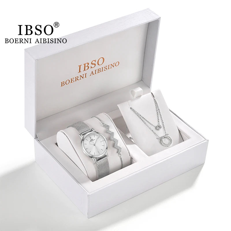 IBSO Women Watch Gift Set Crystal Design Bracelet Necklace Watch Sets Female Jewelry Set Fashion Silver Set Watch Lady's Gift