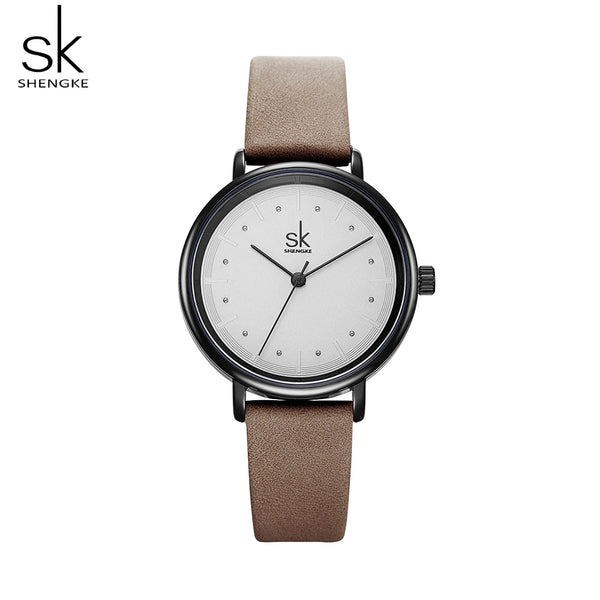 Shengke simple women dress watches retro leather female clock top brand women's fashion mini design quartz wristwatches watches