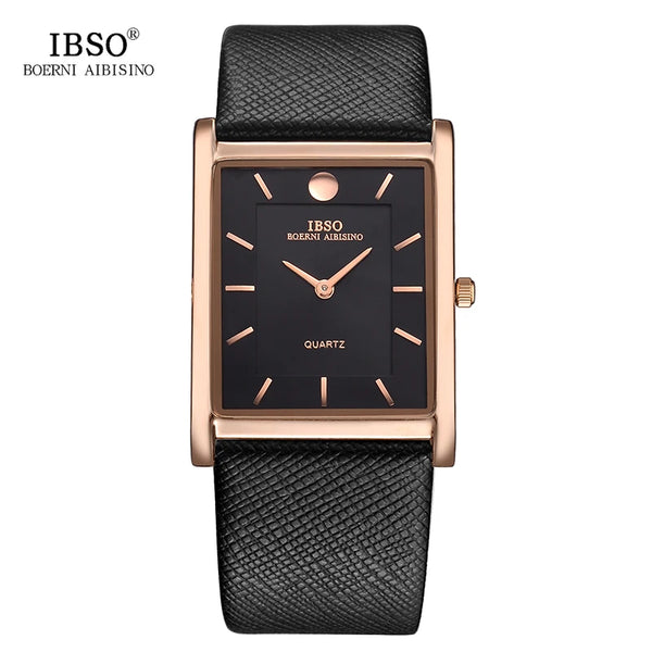 Ibso 7 mm ultra thin square case design mens watches genuine leather strap fashion luxury quartz watch men business clock