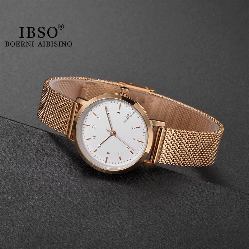 IBSO Brand Women‘s Watch Fashion Rose Gold Color Quartz Watch Femme Mesh Band Wrist Watch Japan Movement Relogio Feminino