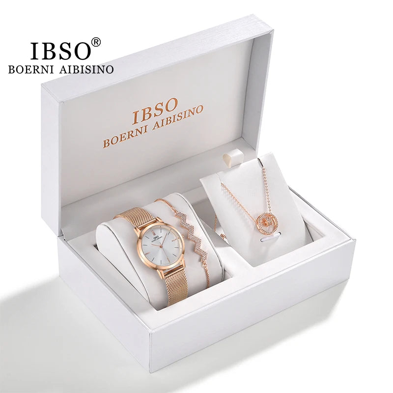 IBSO Women Watch Gift Set Crystal Design Bracelet Necklace Watch Sets Female Jewelry Set Fashion Silver Set Watch Lady's Gift