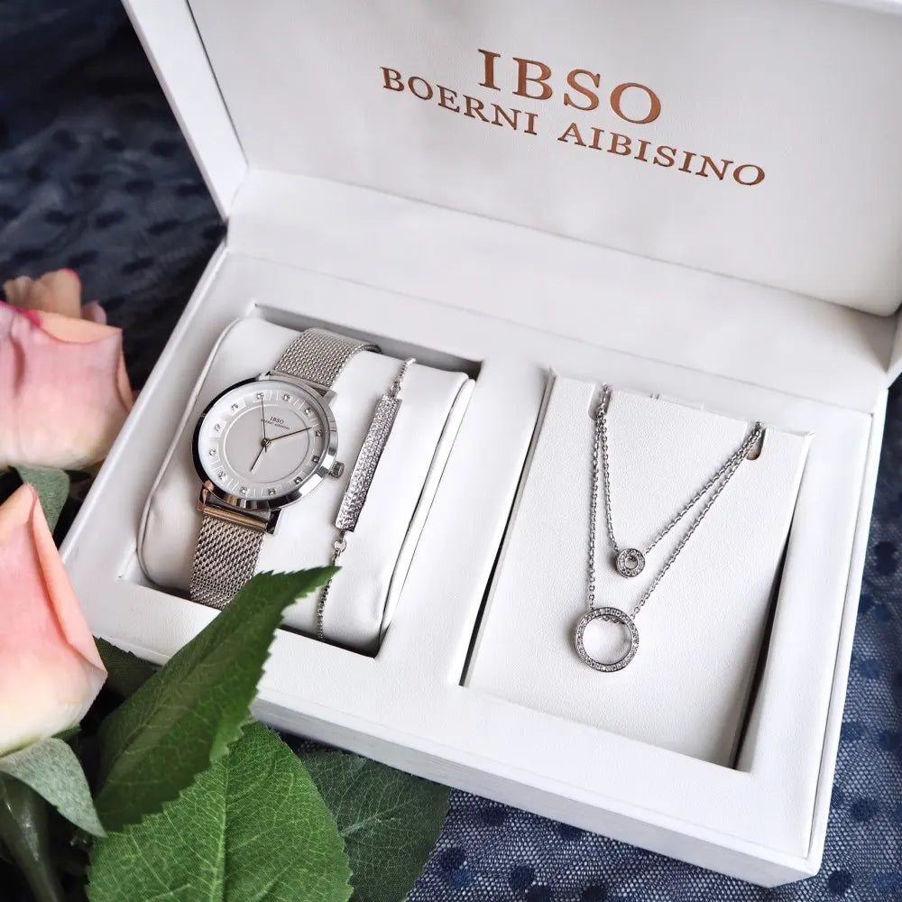 IBSO 2026 Women's Quartz Watch Set Crystal Bracelet Necklace Watch Sets Female Jewelry Set Silver Set Watch Valentine's Day Gift