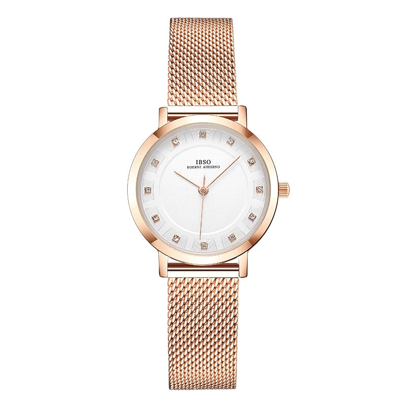 IBSO Japan Quartz Movement Elegant Style Women's WristWatched Ladies Stainless Steel Mesh Rose Gold Waterproof Watches For Women