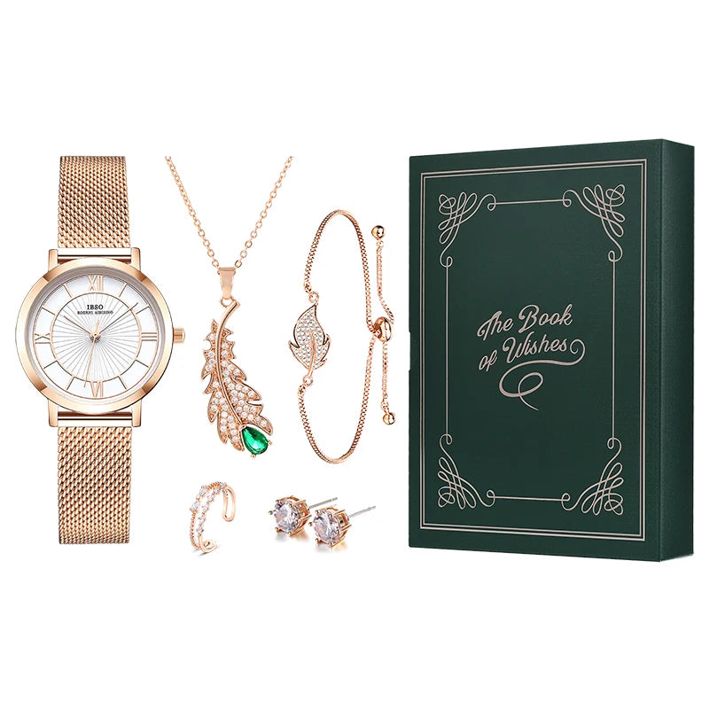 IBSO The Book Of Wishes Watch Set Gift For Women Rose Gold Elegant Jewelry Retro Design New Embossed Printing Japanese Movement