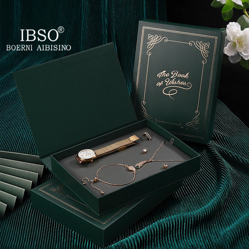 IBSO The Book Of Wishes Watch Set Gift For Women Rose Gold Elegant Jewelry Retro Design New Embossed Printing Japanese Movement