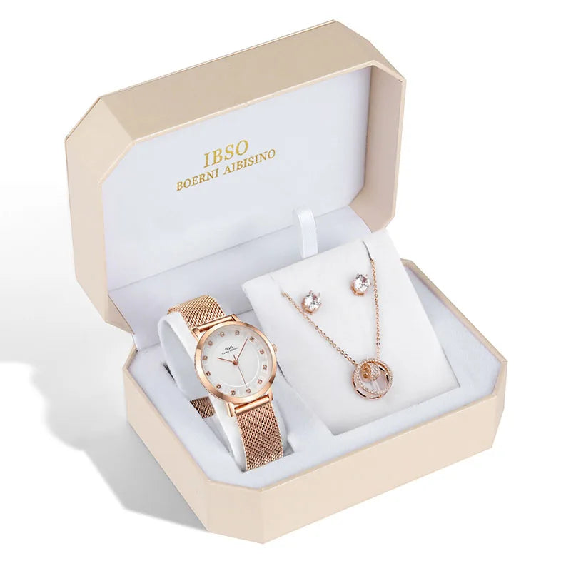 IBSO Brand Women Rose Gold Watch Earring Necklace Set Female Jewelry Set Fashion Creative Crystal Quartz Watch Lady's Gift
