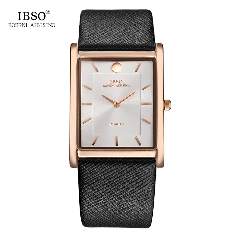 IBSO 7MM Ultra-thin Rectangle Dial Quartz Wristwatch Black Genuine Leather Strap Watch Men Classic Business Men Quartz Watches