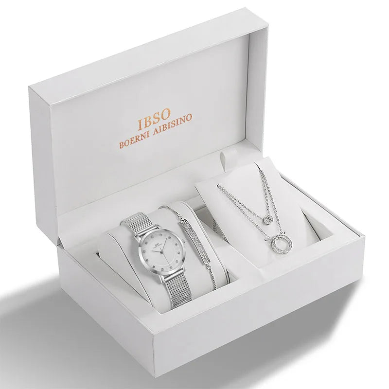IBSO 2026 Women's Quartz Watch Set Crystal Bracelet Necklace Watch Sets Female Jewelry Set Silver Set Watch Valentine's Day Gift