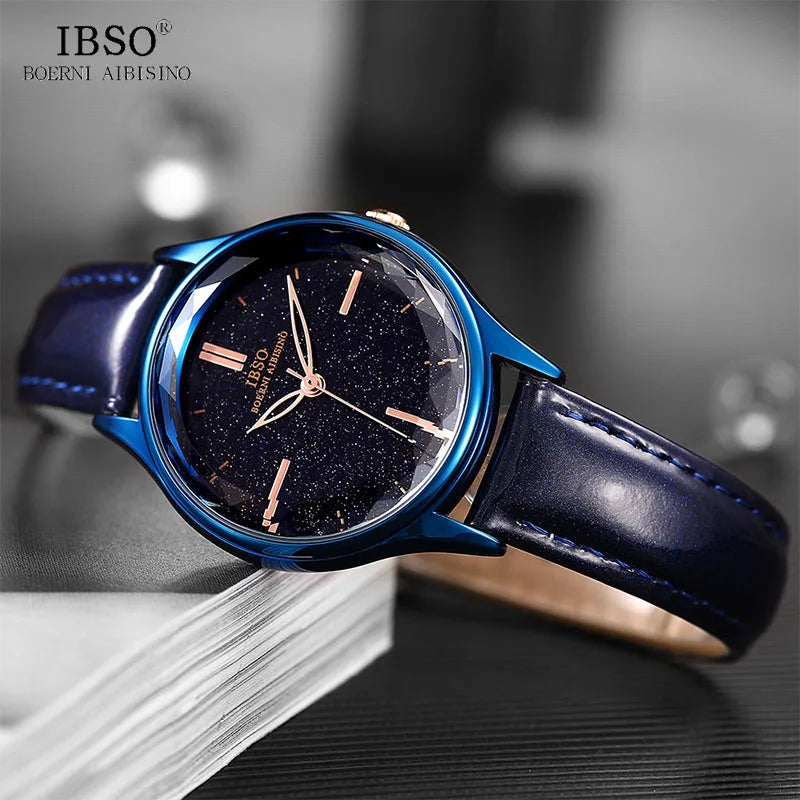 IBSO Wrist Women's Watches Luxury Clock Blue Fashion Leather Straps Glass Slices Dial 2021 Quartz Ladies Watch Relogio Feminino