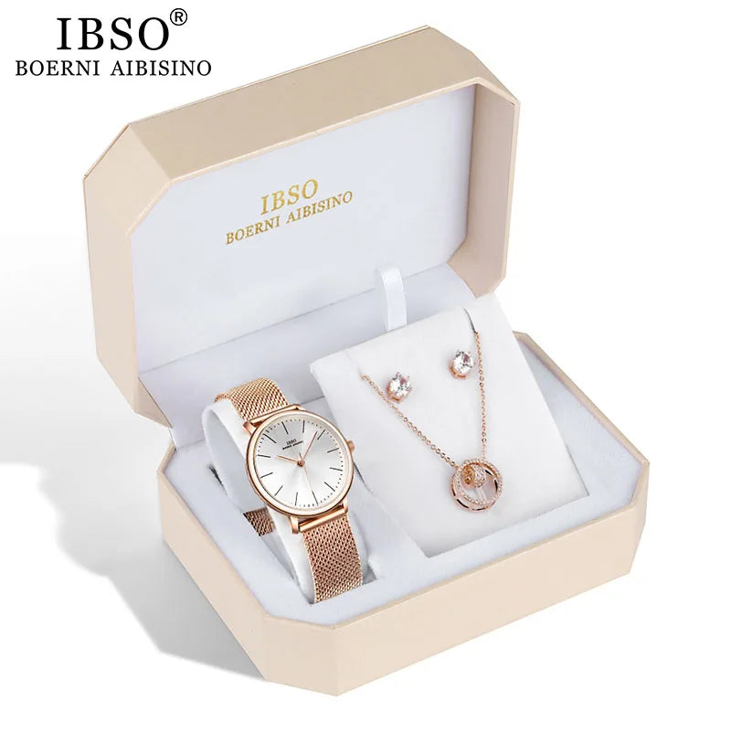 IBSO Brand Women Rose Gold Watch Earring Necklace Set Female Jewelry Set Fashion Creative Crystal Quartz Watch Lady's Gift