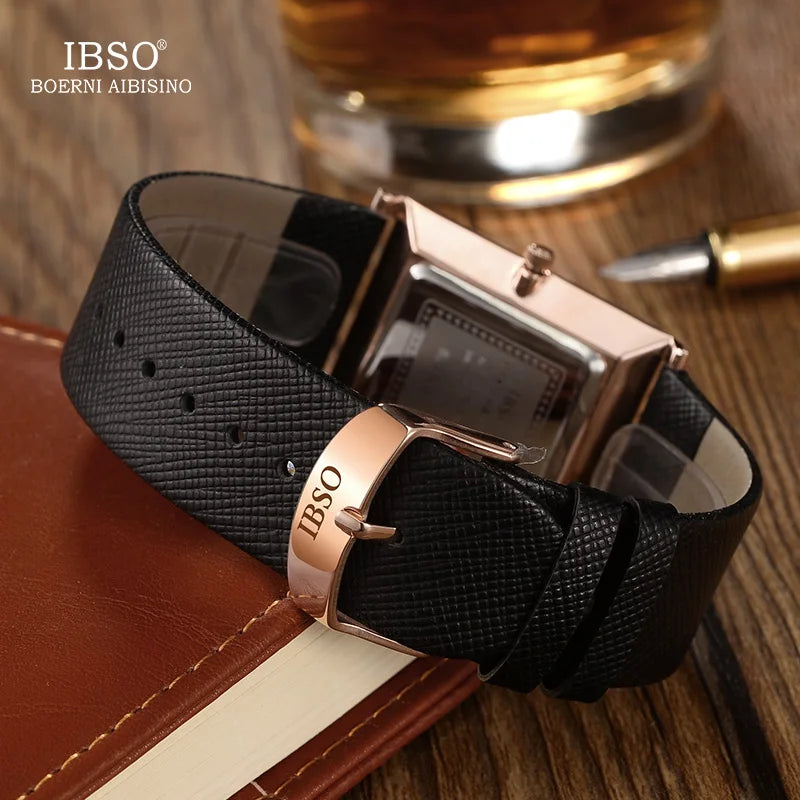 IBSO 7MM Ultra-thin Rectangle Dial Quartz Wristwatch Black Genuine Leather Strap Watch Men Classic Business Men Quartz Watches