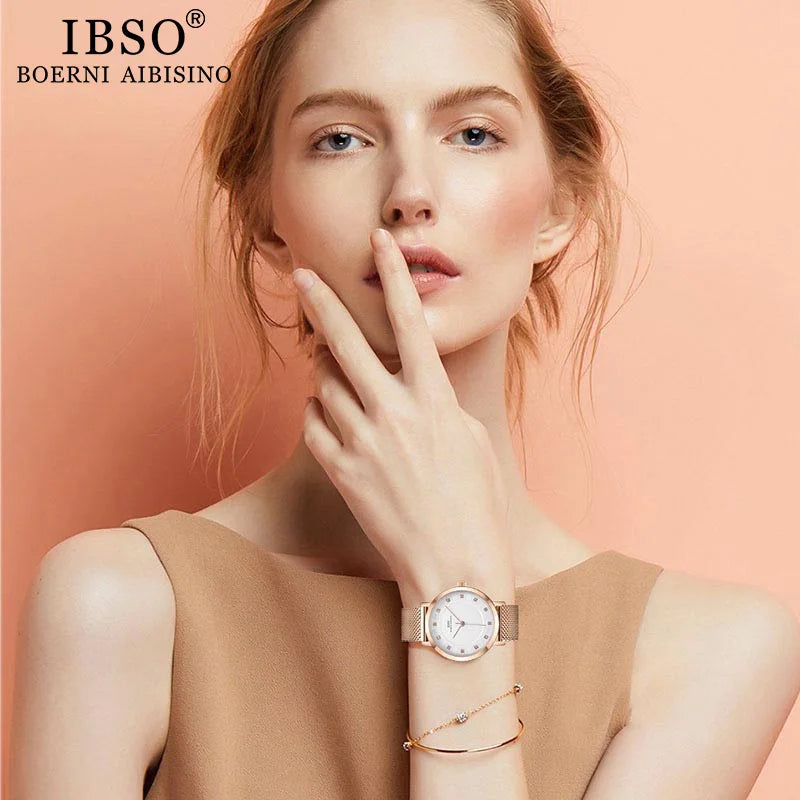 IBSO Brand Women Rose Gold Watch Earring Necklace Set Female Jewelry Set Fashion Creative Crystal Quartz Watch Lady's Gift