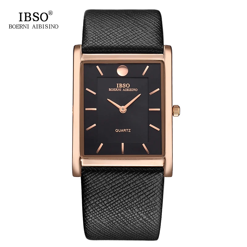 IBSO 7MM Ultra-thin Rectangle Dial Quartz Wristwatch Black Genuine Leather Strap Watch Men Classic Business Men Quartz Watches
