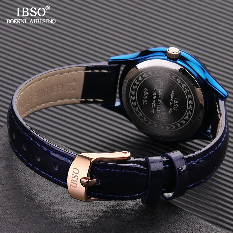 IBSO Wrist Women's Watches Luxury Clock Blue Fashion Leather Straps Glass Slices Dial 2021 Quartz Ladies Watch Relogio Feminino