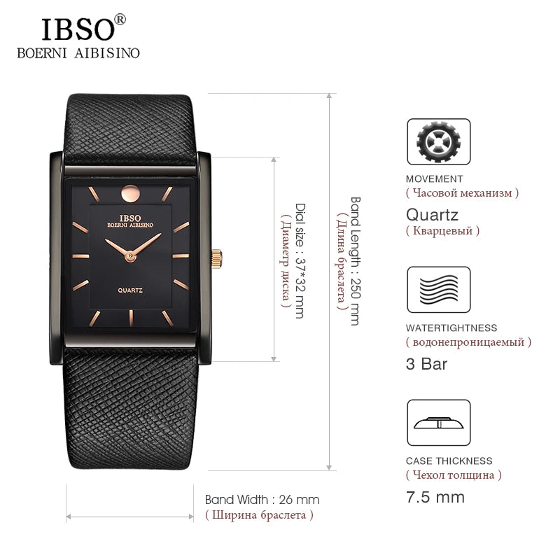 IBSO 7MM Ultra-thin Rectangle Dial Quartz Wristwatch Black Genuine Leather Strap Watch Men Classic Business Men Quartz Watches