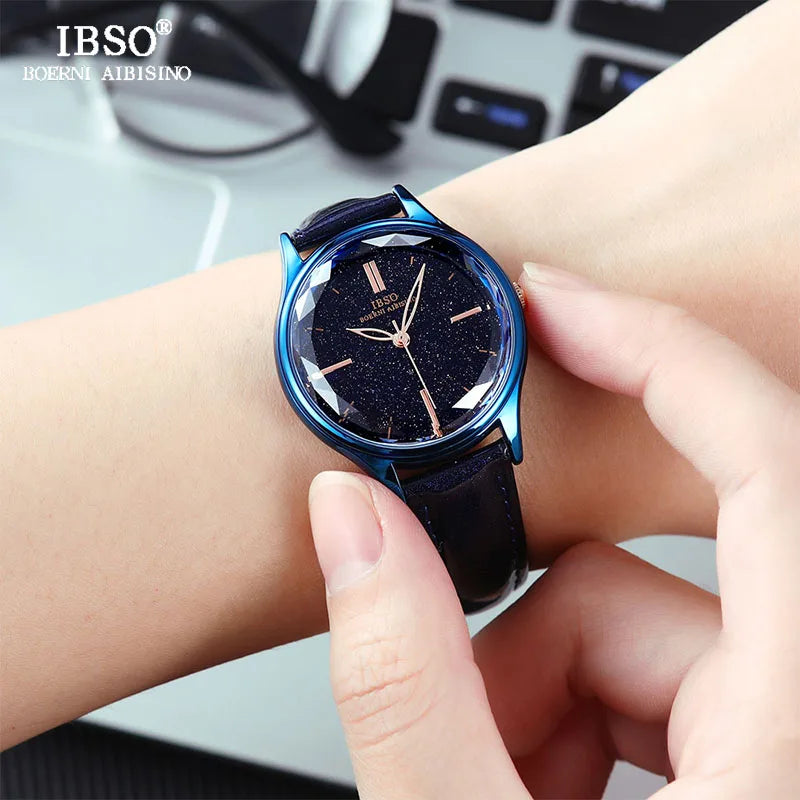 IBSO Wrist Women's Watches Luxury Clock Blue Fashion Leather Straps Glass Slices Dial 2021 Quartz Ladies Watch Relogio Feminino