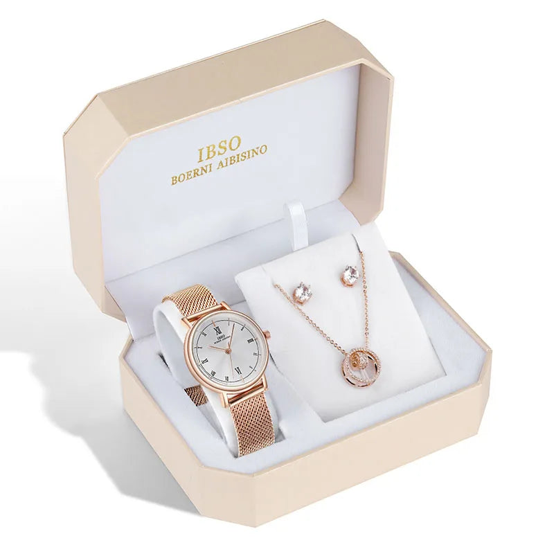 IBSO Brand Women Rose Gold Watch Earring Necklace Set Female Jewelry Set Fashion Creative Crystal Quartz Watch Lady's Gift