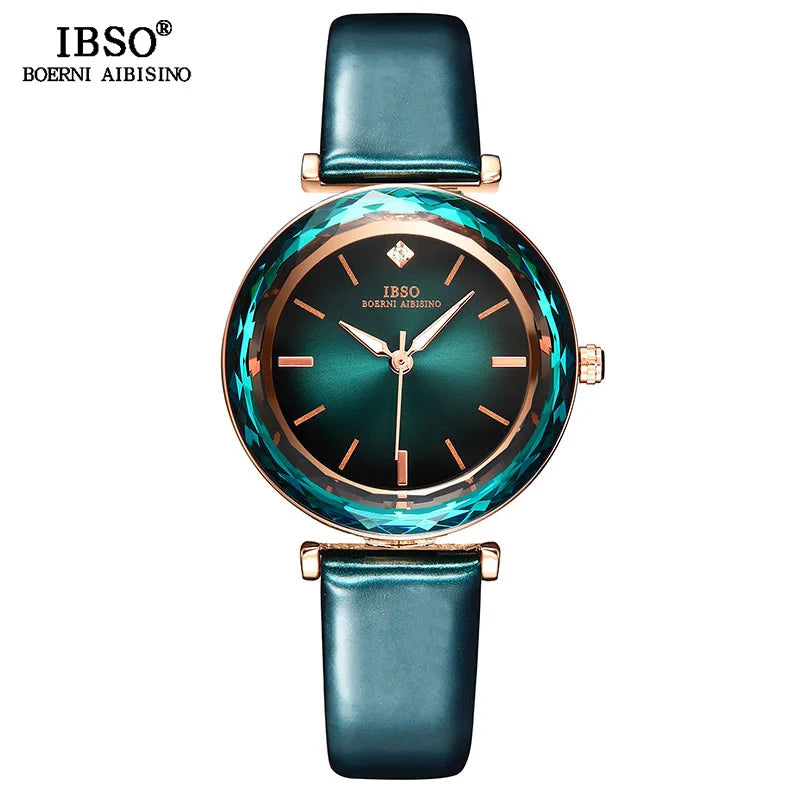 Luxury Women's Watches Elegant Green Glass Regular Slices Design Stainless Steel And Leather Strap Wrist Women Watch For Gifts