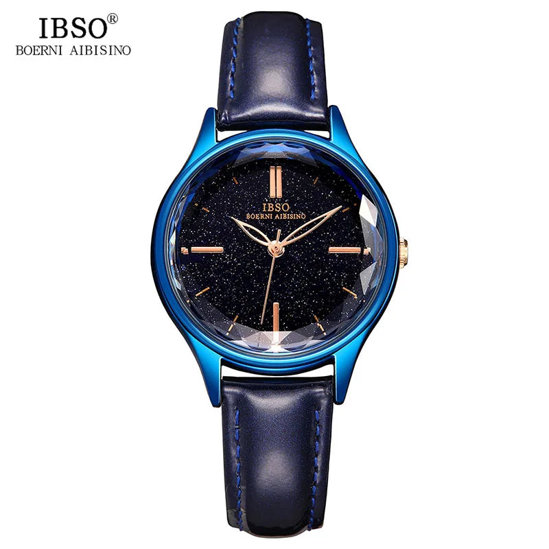 IBSO Wrist Women's Watches Luxury Clock Blue Fashion Leather Straps Glass Slices Dial 2021 Quartz Ladies Watch Relogio Feminino