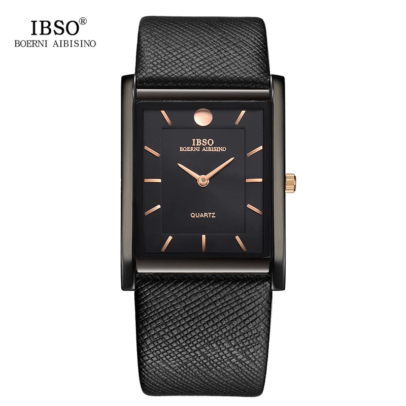 IBSO 7MM Ultra-thin Rectangle Dial Quartz Wristwatch Black Genuine Leather Strap Watch Men Classic Business Men Quartz Watches
