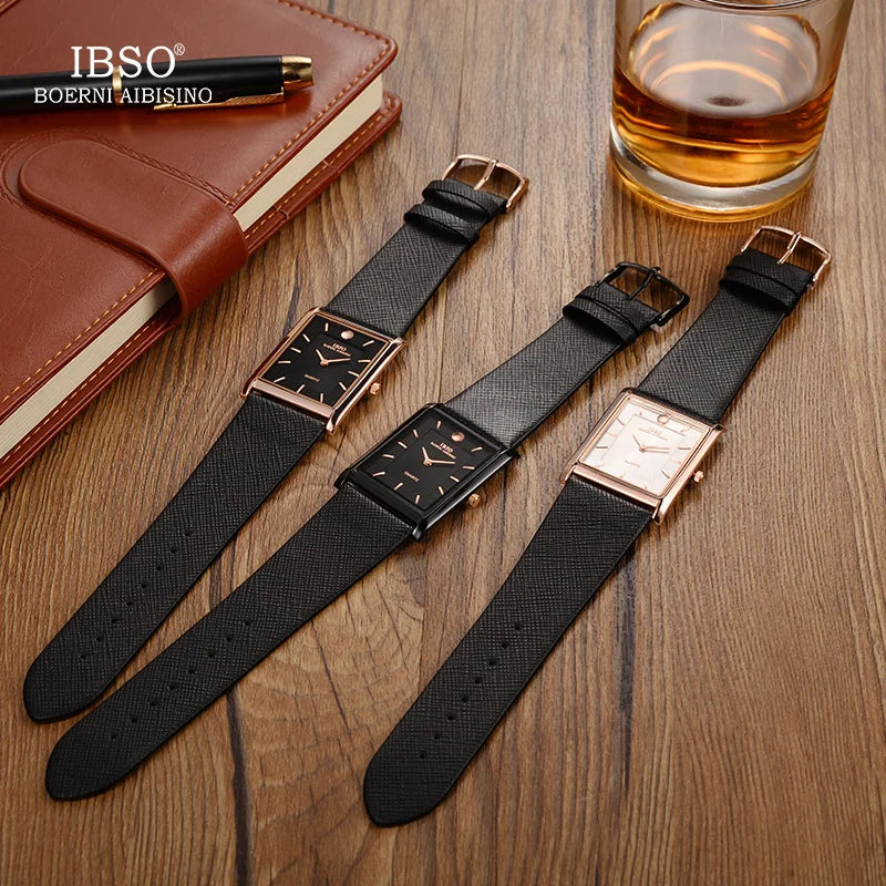 IBSO 7MM Ultra-thin Rectangle Dial Quartz Wristwatch Black Genuine Leather Strap Watch Men Classic Business Men Quartz Watches