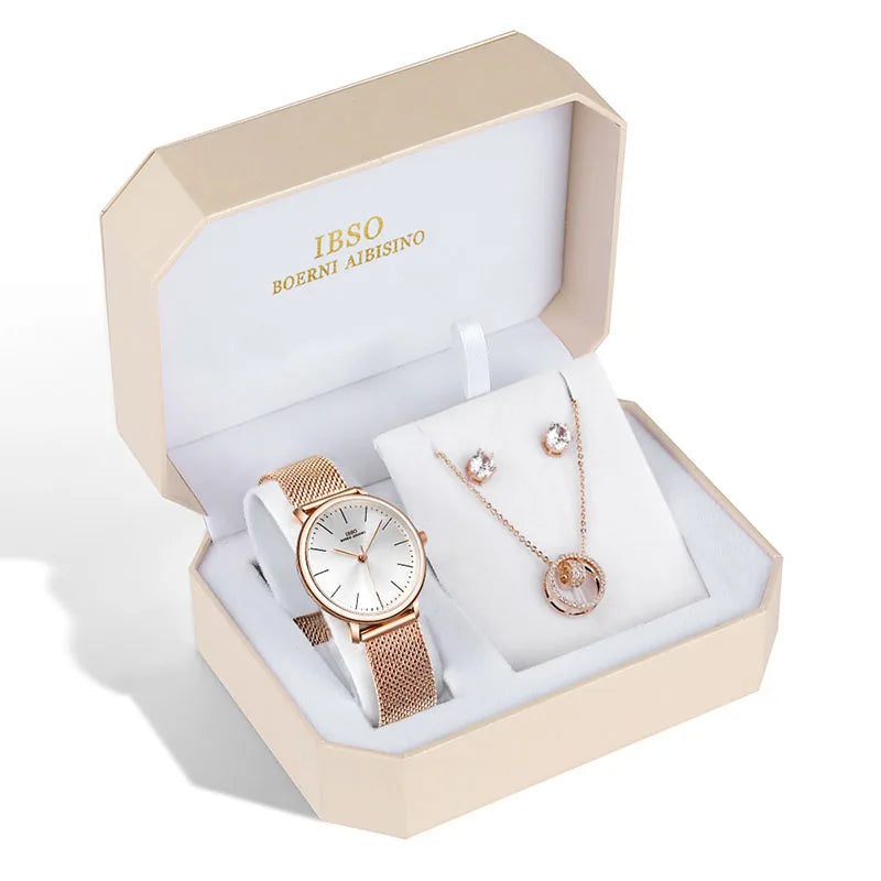 IBSO Brand Women Rose Gold Watch Earring Necklace Set Female Jewelry Set Fashion Creative Crystal Quartz Watch Lady's Gift