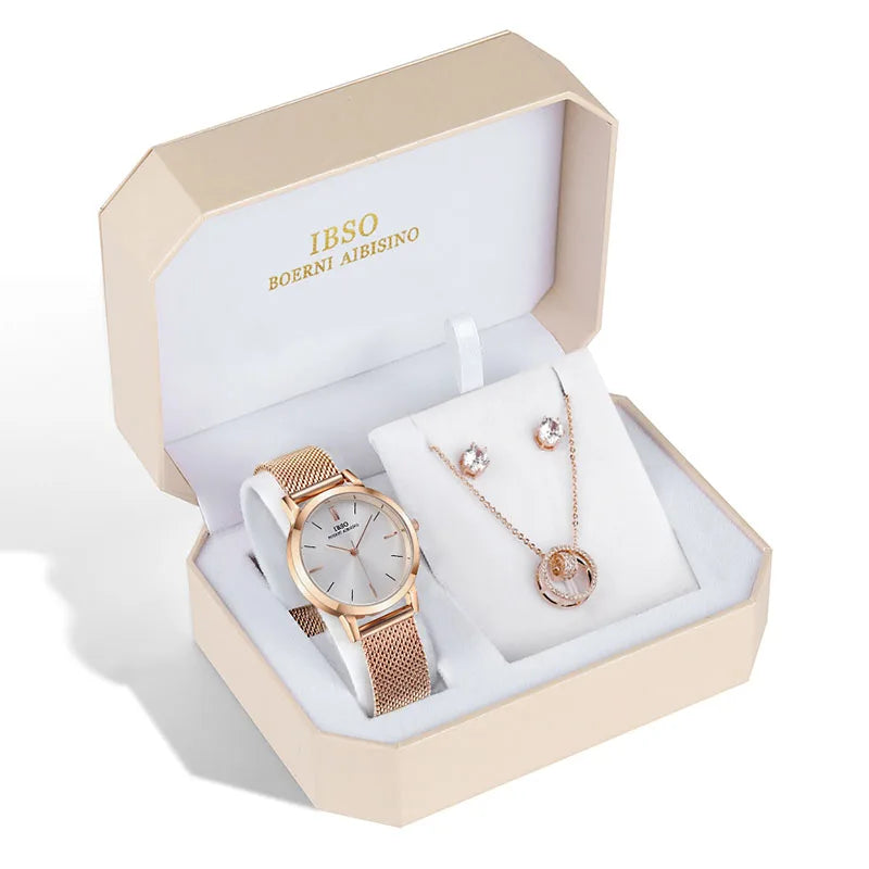 IBSO Brand Women Rose Gold Watch Earring Necklace Set Female Jewelry Set Fashion Creative Crystal Quartz Watch Lady's Gift