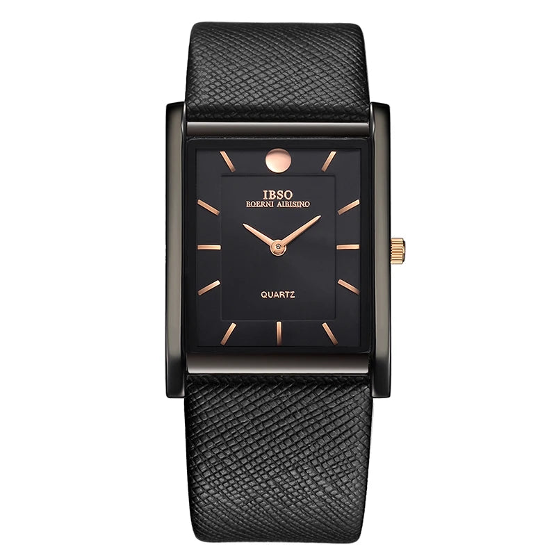 IBSO Ultra-Thin Rectangle Dial Men's Quartz Watch Luxury Business Style Genuine Leather Strap Waterproof New Men WristWatches