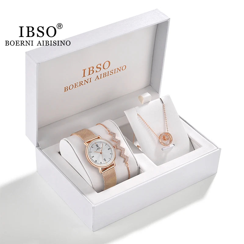 IBSO Women Watch Gift Set Crystal Design Bracelet Necklace Watch Sets Female Jewelry Set Fashion Silver Set Watch Lady's Gift