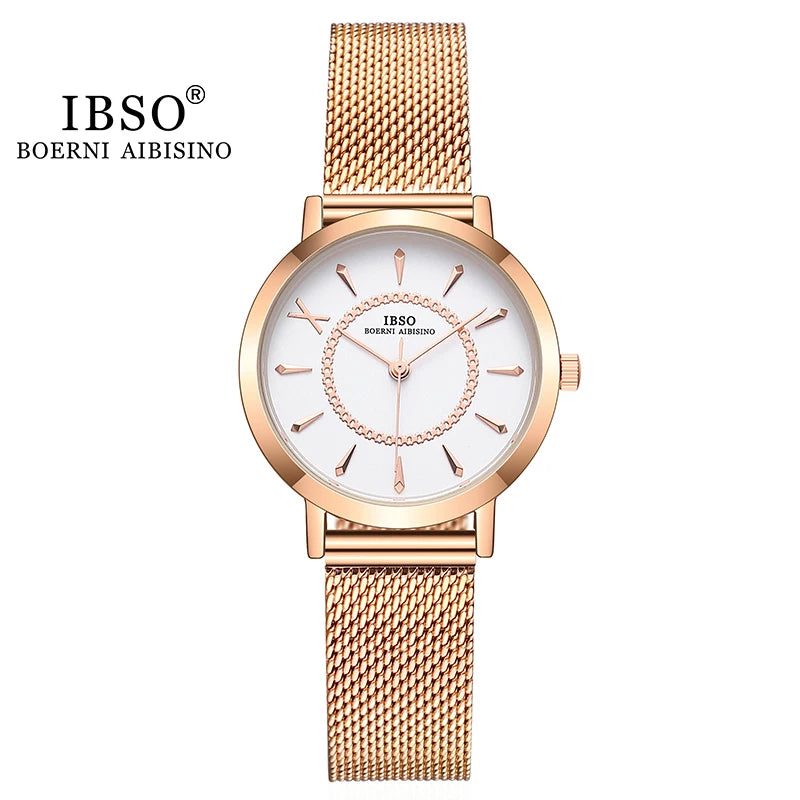 IBSO Japan Quartz Movement Elegant Style Women's WristWatched Ladies Stainless Steel Mesh Rose Gold Waterproof Watches For Women