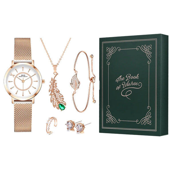 Ibso the book of wishes watch set gift for women rose gold elegant jewelry retro design new embossed printing japanese movement