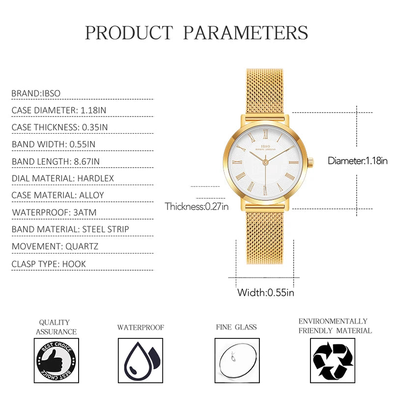 IBSO Japan Quartz Movement Elegant Style Women's WristWatched Ladies Stainless Steel Mesh Rose Gold Waterproof Watches For Women