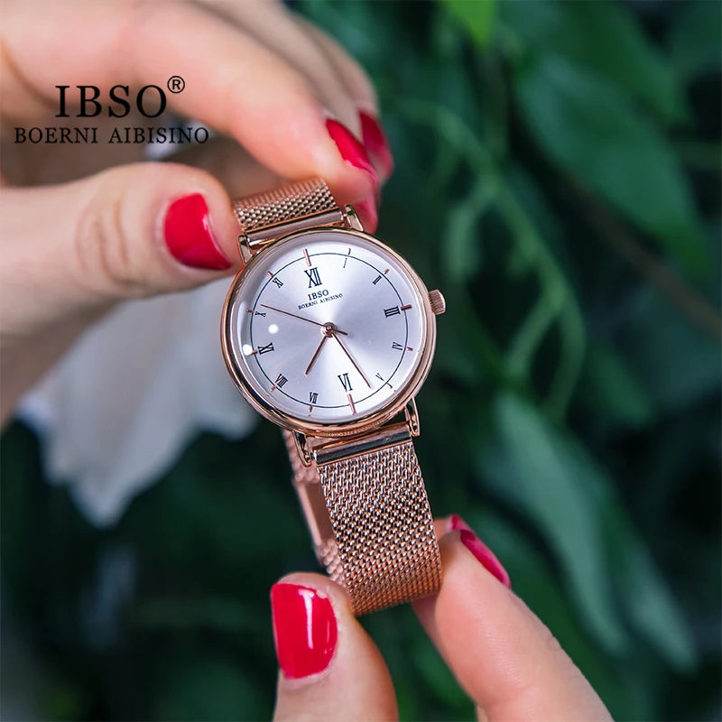IBSO Japan Quartz Movement Elegant Style Women's WristWatched Ladies Stainless Steel Mesh Rose Gold Waterproof Watches For Women
