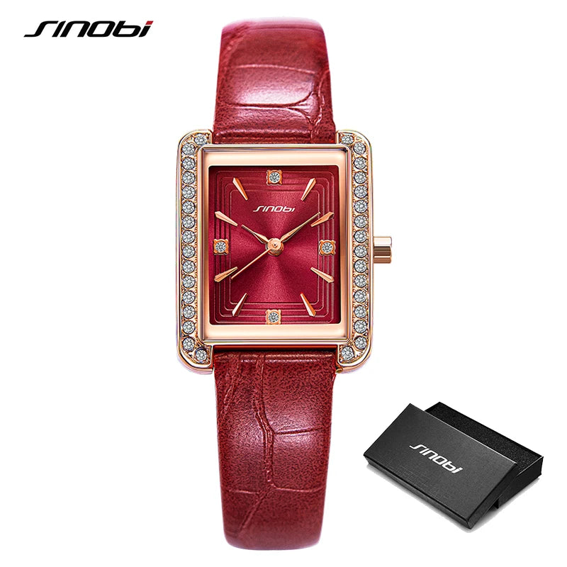 Sinobi New Elengant Women Watches Fashion Luxury Leather Strap Rectangle Dial Japanese Quartz Movement Wristwatch Ladies Watch