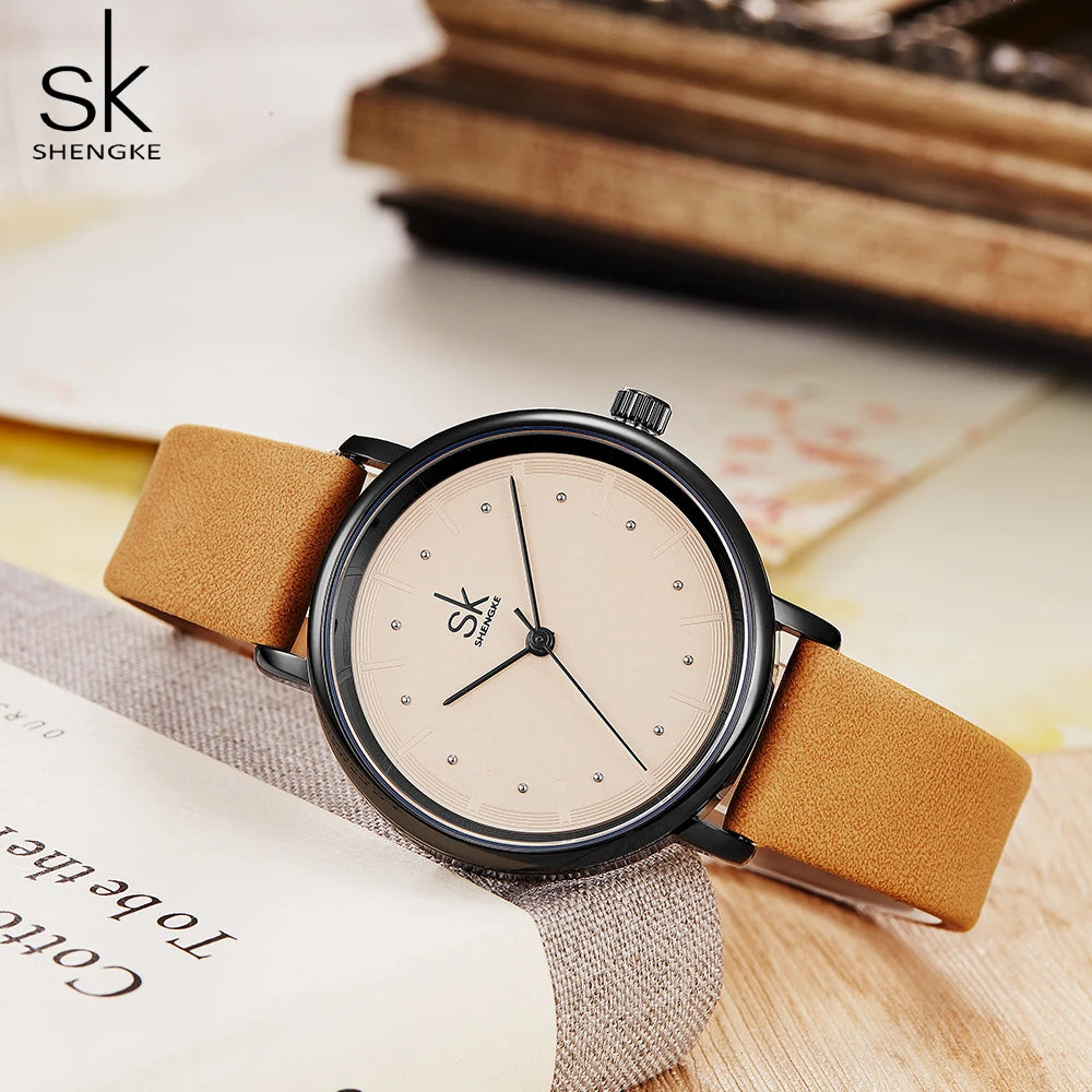 Shengke Simple Women Dress Watches Retro Leather Female Clock Top Brand Women's Fashion Mini Design Quartz Wristwatches Watches