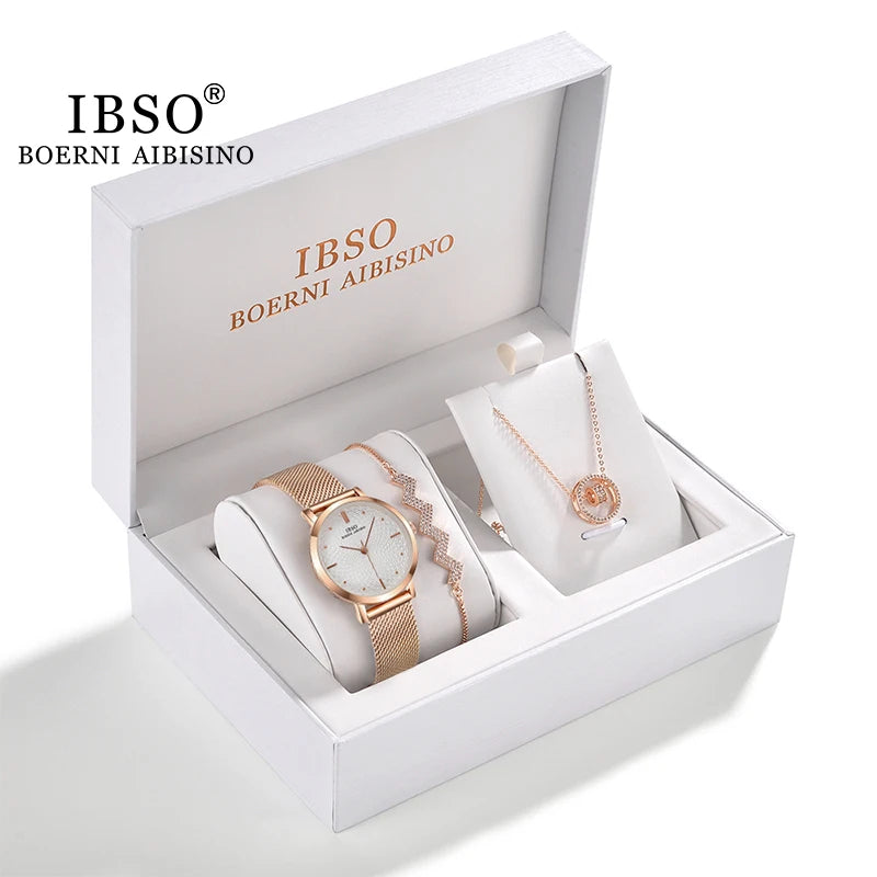 IBSO Women Watch Gift Set Crystal Design Bracelet Necklace Watch Sets Female Jewelry Set Fashion Silver Set Watch Lady's Gift