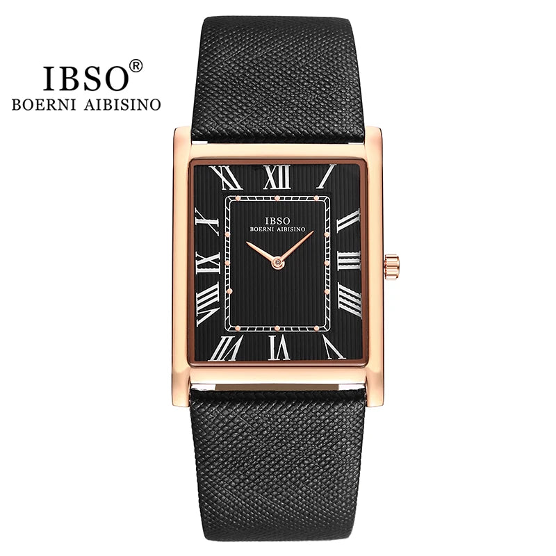 IBSO Ultra-Thin Rectangle Dial Men's Quartz Watch Luxury Business Style Genuine Leather Strap Waterproof New Men WristWatches