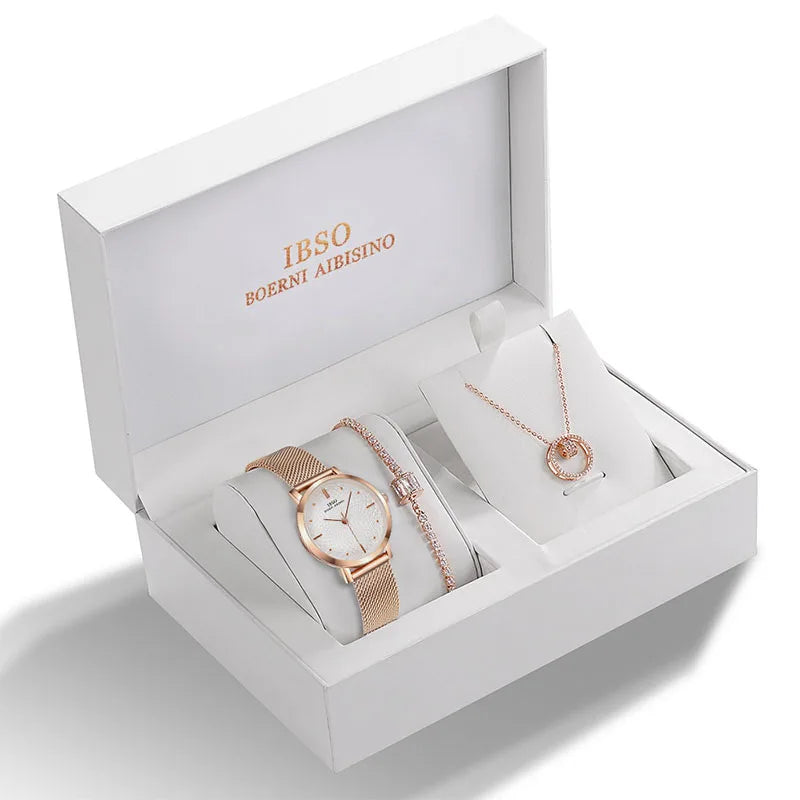 IBSO 2026 Women's Quartz Watch Set Crystal Bracelet Necklace Watch Sets Female Jewelry Set Silver Set Watch Valentine's Day Gift