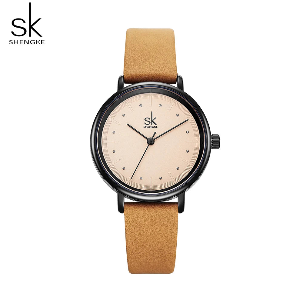 Shengke Simple Women Dress Watches Retro Leather Female Clock Top Brand Women's Fashion Mini Design Quartz Wristwatches Watches
