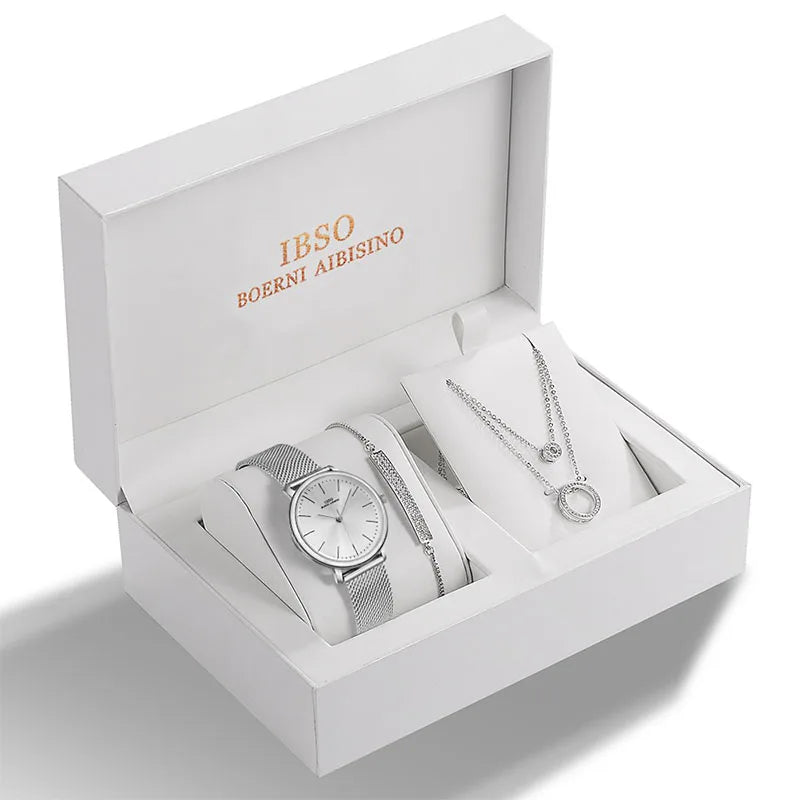 IBSO 2026 Women's Quartz Watch Set Crystal Bracelet Necklace Watch Sets Female Jewelry Set Silver Set Watch Valentine's Day Gift